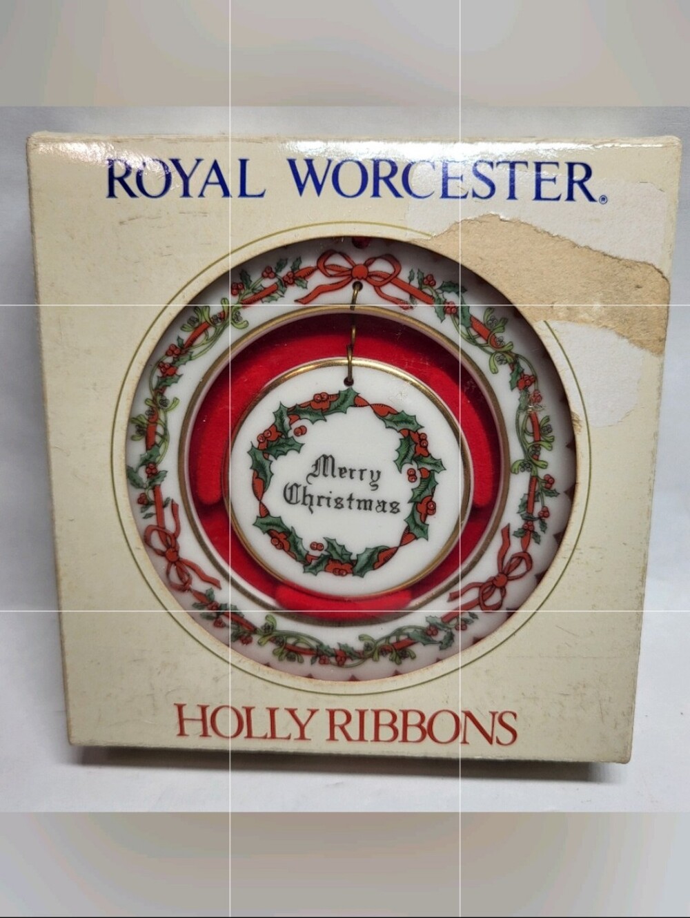Royal Worcester Holly Ribbons ORNAMENT Merry Christmas Porcelain Vtg 1987 NOS
